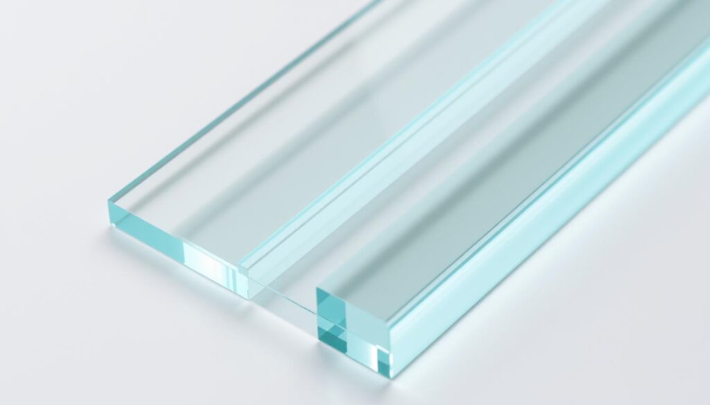 A high-quality, close-up photograph of different glass thickness samples, neatly arranged on a plain, neutral-colored background. The samples should be of varying thicknesses, from thin to thick, showcasing the range of options available for glass shower doors. Soft, even lighting illuminates the glass, highlighting its clarity and subtle reflections. The image should convey a sense of precision, professionalism, and the importance of selecting the right glass thickness for a shower enclosure. The overall composition should be visually appealing and informative, guiding the viewer's attention to the key details of glass thickness and its significance in shower door design.