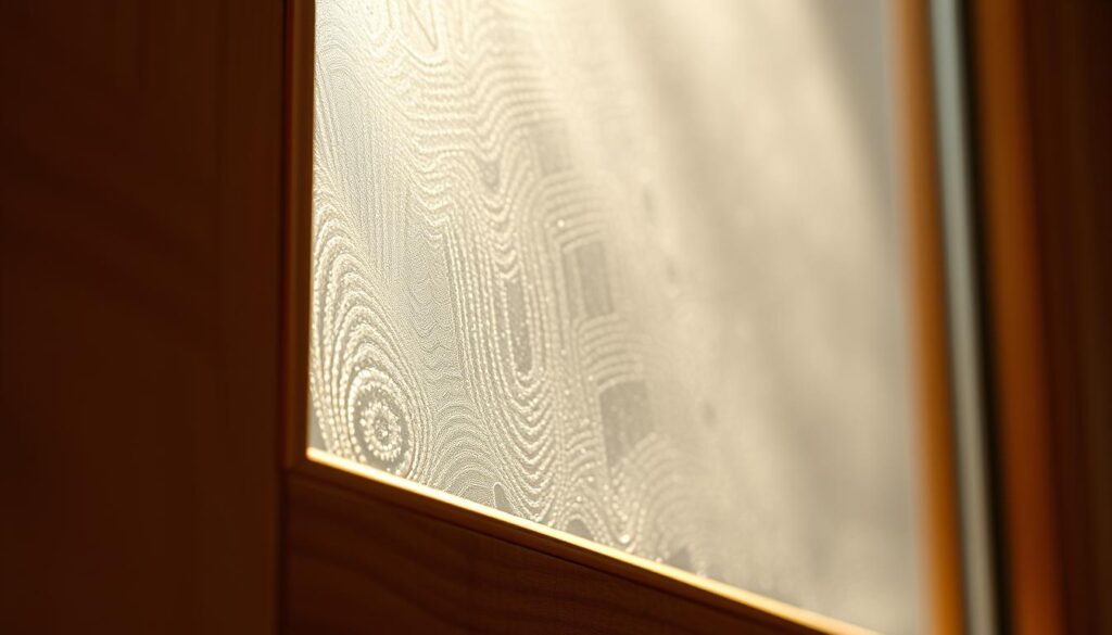 A high-quality close-up shot of a glass panel in a wooden door, showcasing the intricate interplay of light and shadow. The glass surface reflects a soft, diffused illumination, creating a mesmerizing lichtausschnitt effect. The wooden frame provides a warm, natural contrast, highlighting the precision of the glass installation. The composition emphasizes the seamless integration of the glass element, capturing the durability and elegance of this premium door solution. Subtle details, such as the subtle grain of the wood and the subtle imperfections in the glass, add a sense of authenticity and artisanal craftsmanship. The overall mood is one of refined sophistication and timeless appeal.
