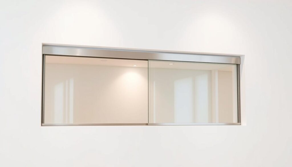 A high-quality, detailed image of a recessed sliding door system built into a minimalist white wall. The sliding door panels are made of clear glass, framed in sleek stainless steel. The door glides smoothly along a discreet track mechanism recessed into the wall, creating a clean, seamless look. Soft, diffused lighting from hidden fixtures illuminates the space, casting a warm glow on the glass panels. The image captures the elegant, space-saving design of an in-wall sliding door system, perfectly showcasing its technical features and premium aesthetic.