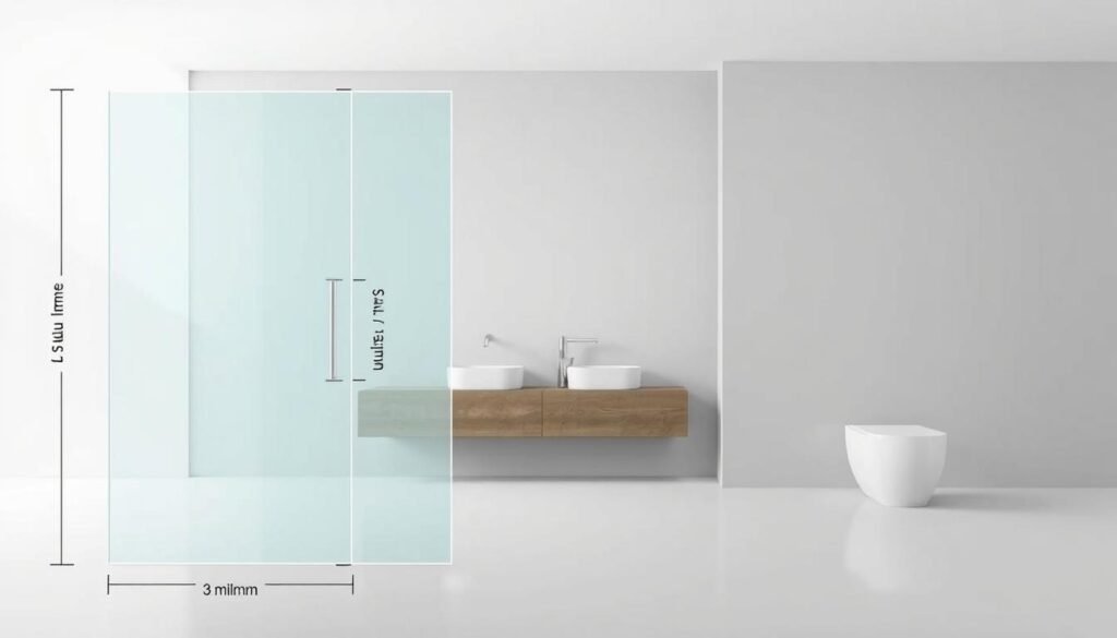 A high-quality, detailed technical illustration showcasing the key measurements of a glass shower enclosure. The foreground displays a transparent glass panel with precise dimensions labeled in millimeters - the height, width, and depth. The middle ground features a minimalist bathroom setting with clean, modern fixtures to provide context. The background is a plain, neutral backdrop, allowing the technical details to take center stage. The lighting is soft and even, highlighting the clarity and quality of the glass material. The overall mood is professional, informative, and focused on effectively communicating the technical specifications.