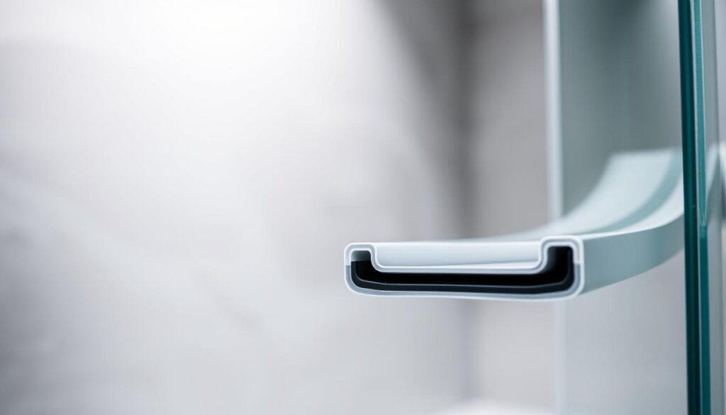 A high-quality, durable shower door seal made in Germany, showcasing exceptional UV and water resistance. The seal is presented in the foreground, captured with crisp, detailed textures and a tactile, inviting appearance. The middle ground features a soft, diffused background, highlighting the seal's sleek, modern design. Subtle lighting from multiple angles creates depth and emphasizes the seal's smooth, robust composition. The overall scene conveys a sense of quality, reliability, and functionality, perfectly suited for a premium shower door solution.