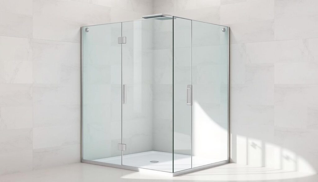 A high-quality glass shower wall standing elegantly in a modern bathroom setting. The glass pane is thick and seamless, capturing the light beautifully and creating a sense of openness and spaciousness. The shower wall is positioned in a corner configuration, with a sleek, minimalist metal frame that blends effortlessly into the design. The bathroom features neutral-toned tiles, creating a serene and calming atmosphere. Soft, diffused lighting illuminates the scene, highlighting the transparency and reflective properties of the glass. The composition showcases the versatility and visual appeal of a glass shower wall as a centerpiece in a variety of bathroom layouts, from walk-in to niche and corner configurations.