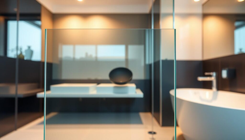 A high-quality, glossy tempered glass panel, its surface meticulously polished to a mirror-like finish. The glass glistens under the warm, diffused lighting, casting soft reflections on the surrounding surfaces. The edges are smoothly beveled, enhancing the overall aesthetic appeal. In the foreground, the glass takes center stage, its transparency allowing glimpses of the minimalist, monochromatic bathroom setting behind it. The composition emphasizes the juxtaposition of the glass's sleek, modern design and the material's inherent strength and safety features, perfectly embodying the concept of "Sicherheit trifft Ästhetik".