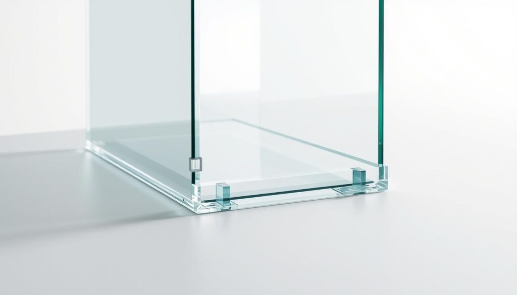A high-quality, highly detailed, and accurately rendered image of einscheibensicherheitsglas (ESG) glass, showcasing its safety and stability features. The glass is depicted in a well-lit, minimalist setting, with a neutral background that allows the material's properties to take center stage. The image highlights the glass's transparency, smooth edges, and the subtle reflections that dance across its surface, conveying a sense of precision and durability. The composition emphasizes the glass's structural integrity, with a focus on the thickness and the reinforced edges that contribute to its strength and shatter-resistance. The overall mood is one of sleek professionalism, highlighting the glass's suitability for high-end applications such as shower enclosures or partition walls.