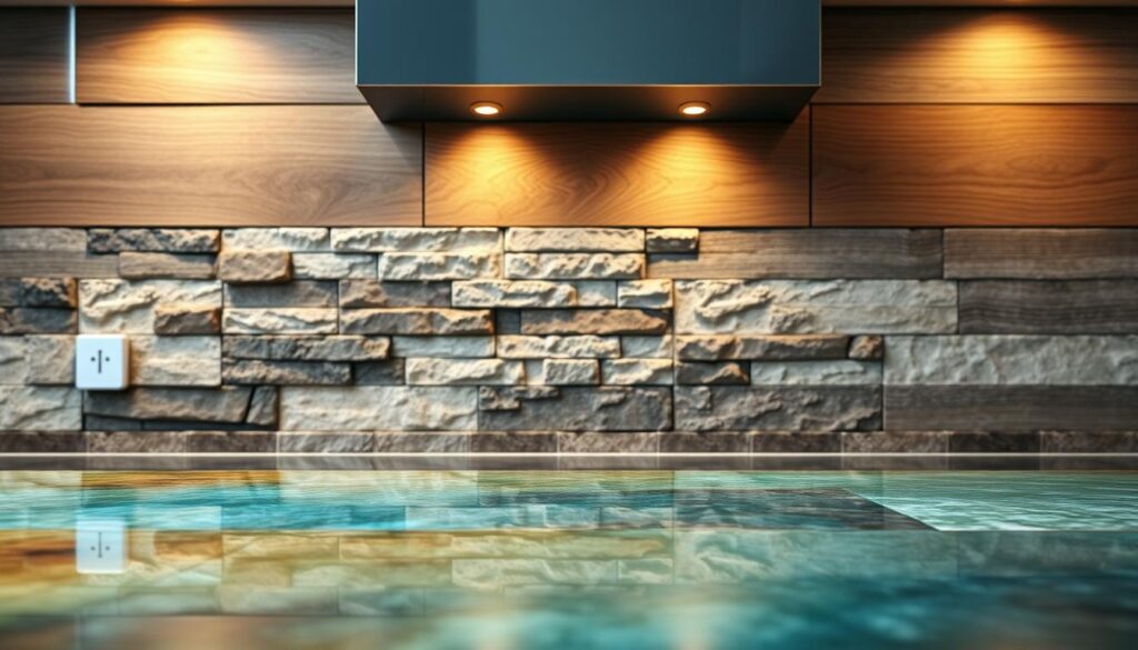 A high-quality kitchen backsplash composed of various materials, showcasing a stunning design and appealing visual aesthetics. The foreground features a sleek, tempered glass surface in a range of vibrant colors, reflecting the light and creating a modern, sophisticated ambiance. The middle ground blends seamless transitions between natural stone textures, evoking a rustic, earthy charm. In the background, a mesmerizing wood-grain pattern adds depth and warmth, complementing the overall design. The lighting is carefully curated, casting soft, diffused illumination that accentuates the textures and highlights the harmonious interplay of materials. The resulting image exudes a harmonious fusion of design elements, showcasing the versatility and high-quality craftsmanship of the kitchen backsplash.