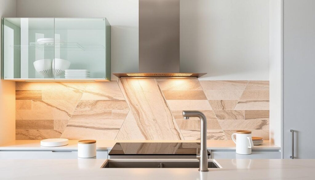 A high-quality kitchen backsplash made of various materials, showcasing the best options for a modern kitchen. The materials are displayed in a minimalist, well-lit setup, with each material sample arranged harmoniously. The scene has a warm, inviting atmosphere, with soft, directional lighting highlighting the textures and colors of the materials. The materials include sleek glass, durable stainless steel, natural stone, and innovative engineered surfaces. The image provides a clear, unobstructed view of the materials, allowing the viewer to assess their aesthetic appeal and practical qualities for a kitchen setting.