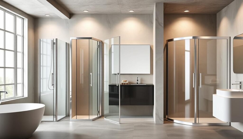 A high-quality photograph of various bathroom door designs, showcasing different types of Bauarten (construction styles) such as frameless, partially framed, folding, and pivoting. The image should be captured in a well-lit, modern bathroom setting, with a focus on the intricate details and craftsmanship of the doors. The doors should be shown from multiple angles, highlighting their unique features and functionality. The overall composition should convey a sense of elegance, sophistication, and the versatility of these specialized bathroom door solutions.