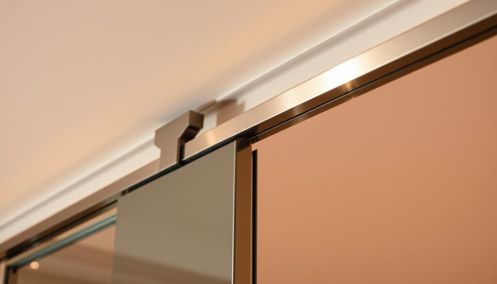 A high-quality, stainless steel sliding door rail system, featuring a sleek and minimalist design. The rail is mounted flush against the ceiling, casting a clean, unobtrusive silhouette. Precision-engineered rollers glide effortlessly along the track, enabled by a sophisticated dampening mechanism for a smooth, quiet operation. Bathed in warm, natural lighting, the rail's metallic sheen reflects the elegant, sophisticated ambiance of the room. The entire assembly is meticulously crafted, with a keen attention to detail, to seamlessly integrate into the modern, high-end interior.