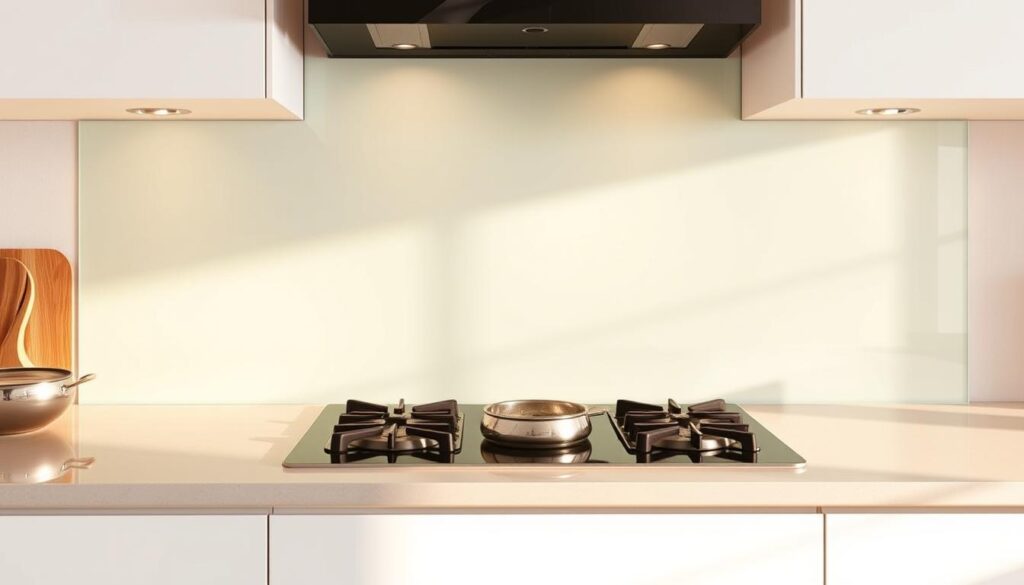 A high-quality tempered glass kitchen backsplash, designed to withstand intense heat and moisture in the hob area. The glass panel features a sleek, seamless surface with a subtle, semi-glossy finish that reflects the warm lighting. Subtle curves along the edges create a visually appealing transition from the countertop to the wall. The backsplash is installed flush with the wall, creating a clean, modern aesthetic. Detailed close-up shots showcase the glass's durable, heat-resistant properties, ensuring a long-lasting and functional kitchen feature. The lighting in the scene casts soft, warm shadows, highlighting the glass's clarity and resilience.
