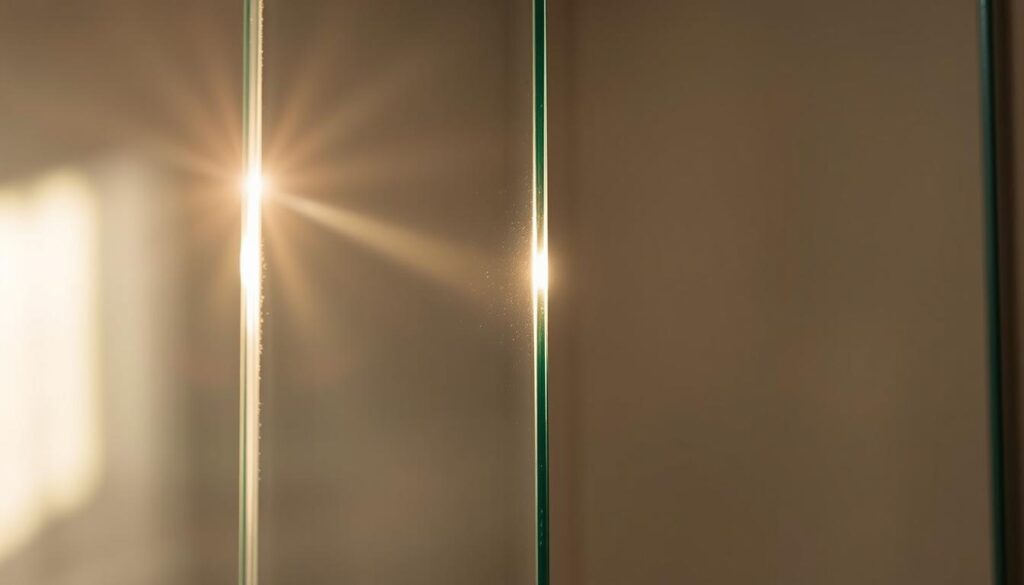 A high-quality, tempered glass panel reflecting the sun's rays, showcasing its clarity and durability. The glass surface is smooth and flawless, with a slight glimmer that captures the viewer's attention. The scene is illuminated by soft, diffused lighting, creating a warm and inviting atmosphere. The glass appears to be suspended in a minimalist, modern setting, highlighting its sleek and sophisticated design. The image emphasizes the material's strength, safety, and suitability for a premium shower enclosure, perfectly aligning with the section title "Materialien, Profile und Glas: Qualität, die täglich überzeugt".