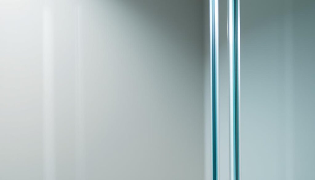 A high-quality, tempered glass panel with a smooth, seamless surface and a subtle, shimmering sheen, illuminated by a soft, even light that highlights its clarity and strength. The glass appears thick and sturdy, with a slight blue-green tint that suggests its safety and durability. The edges are precisely cut and polished, creating a clean, refined look. The overall composition conveys a sense of stability, security, and high-end craftsmanship, perfectly suited for a premium shower enclosure.