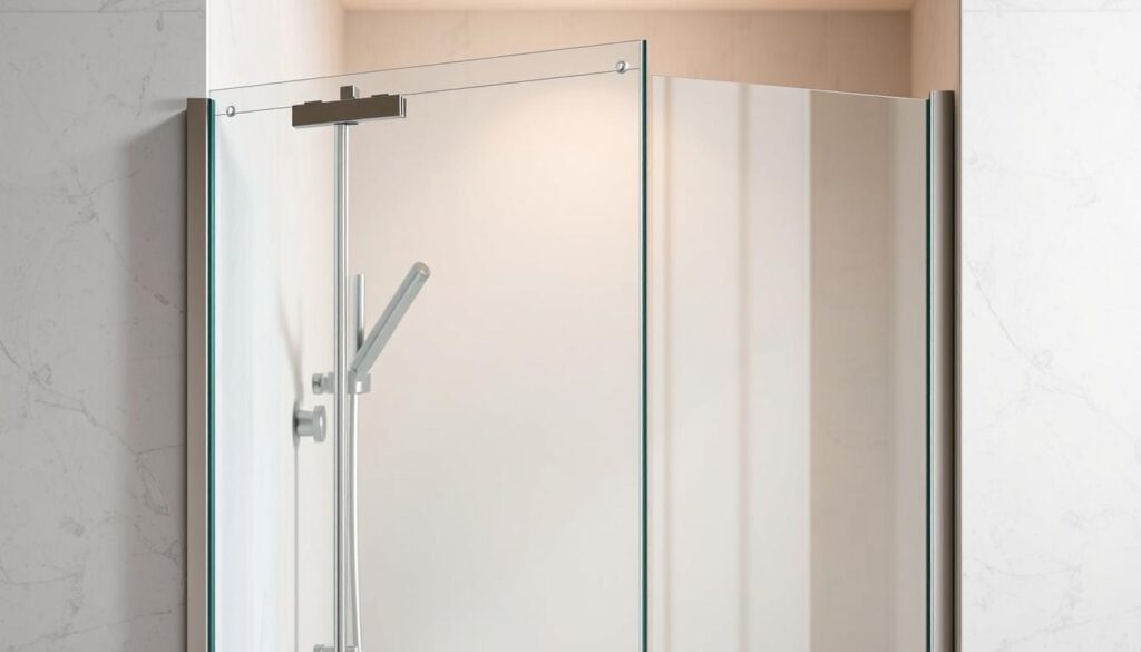 A high-quality tempered or laminated glass shower enclosure, meticulously crafted to provide safety, stability, and visual elegance. The glass panels are seamlessly integrated with precision-engineered hardware, creating a sleek, minimalist design. Warm, natural lighting filters through the translucent glass, casting a soft, inviting glow. The frame, constructed from durable, corrosion-resistant materials, stands tall and sturdy, ensuring long-lasting performance. The overall composition evokes a sense of modern sophistication, perfectly complementing the luxurious bathroom environment.