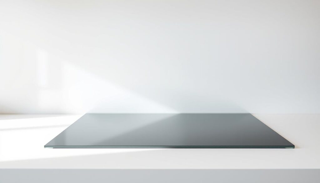 A high-quality tempered safety glass (ESG) panel in matte finish, resting on a clean, minimalist white surface. The glass refracts light beautifully, creating a sense of depth and clarity. The surface is free of any blemishes or imperfections, reflecting the exceptional German craftsmanship. A soft, warm lighting illuminates the scene, highlighting the glass's subtle tones and textures. The overall composition conveys a sense of modern elegance and attention to detail, befitting a premium kitchen splashback solution.