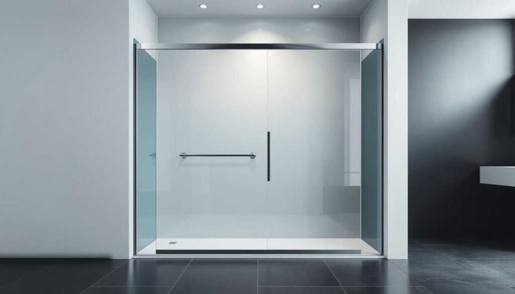 A high-quality, tempered safety glass panel stands in a sleek, modern bathroom setting. The glass has a pristine, ultra-clear surface with a subtle nano-coating that enhances water repellency and easy cleaning. Soft, warm lighting from concealed fixtures illuminates the glass, highlighting its crystal-like transparency and reflective properties. The glass panel is framed by a slim, minimalist chrome profile that seamlessly blends into the bathroom's sophisticated, matte black aesthetic. The overall composition exudes a sense of elegance, durability, and attention to detail, perfectly capturing the essence of "Sicherheitsglas" for the "Duschkabinen von Glastürhop24" article.