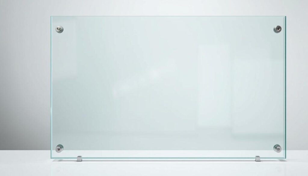 A high-quality, tempered safety glass panel with a smooth, seamless surface and a refined, elegant appearance. The glass is thick and sturdy, with a slight, reflective sheen that catches the light beautifully. The edges are precisely cut and polished, creating a clean, modern look. The glass is set in a sleek, minimalist metal frame, with subtle, matte-finished hardware accents that complement the overall aesthetic. The lighting is soft and diffused, highlighting the glass's clarity and depth. The composition emphasizes the material's quality and durability, conveying a sense of reliability and safety.
