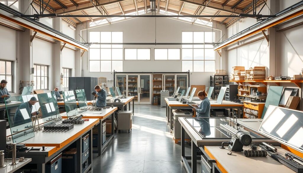 A high-quality workshop interior showcasing precision craftsmanship and premium materials. Brightly lit with natural light streaming through large windows, the space features rows of workbenches where skilled artisans handle glass panels, intricate hardware, and other components with great care and attention to detail. Gleaming chrome tools, sleek machinery, and meticulously organized shelves create an atmosphere of professionalism and expertise. The overall scene conveys a sense of pride, passion, and a relentless pursuit of excellence in the production of top-tier glass sliding door systems.