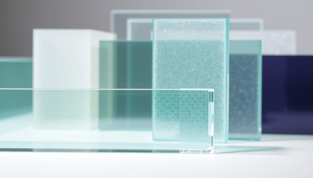 A high-resolution, macro photograph of an assortment of glass materials, showcasing their unique textures and properties. The foreground features a clear, tempered safety glass (ESG) panel, its surface reflecting the studio lighting. In the middle ground, a laminated safety glass (VSG) slab displays its distinct layered structure. The background includes a selection of different glass types, such as frosted, tinted, and patterned, to highlight the diverse range of options available for bathroom applications. The lighting is soft and diffused, emphasizing the inherent beauty and versatility of glass as a premium material for custom shower enclosures and partitions.
