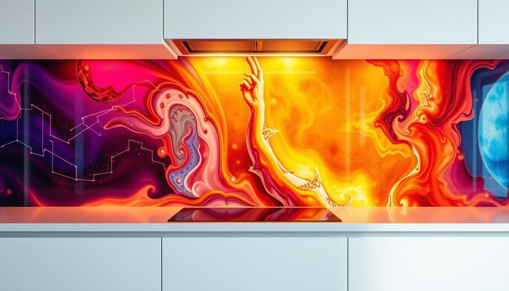 A kitchen backsplash featuring a vibrant, high-quality UV-printed graphic. The surface displays a vivid, color-rich print with a glossy, durable finish. Precise details and smooth gradients create a striking visual impact. Warm, directional lighting from above casts subtle shadows, accentuating the depth and texture of the print. The backsplash is set against a clean, modern kitchen environment, showcasing the remarkable color brilliance and longevity of the UV-printing technology.