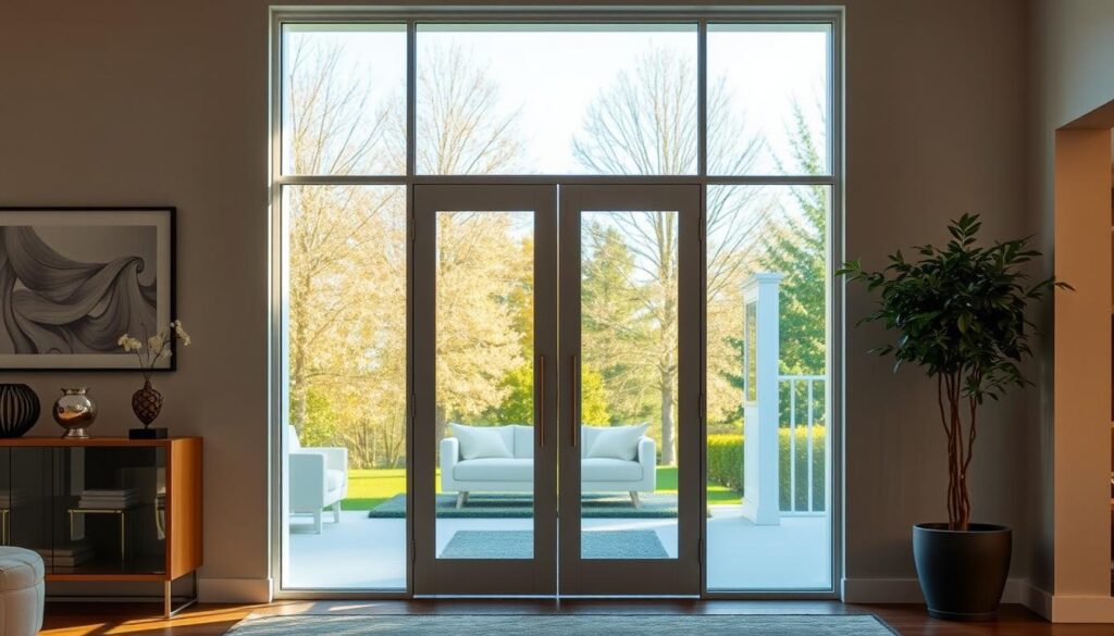 A large, custom-fitted glass door stands proudly in the entryway, its sleek, seamless panels reflecting the warm light of the space. The door's clean, minimalist design blends effortlessly with the modern decor, creating a harmonious and inviting atmosphere. Meticulously crafted to perfectly fit the doorway, the glass panels allow an abundance of natural light to flood the room, giving it a bright and airy ambiance. The door's sturdy yet elegant frame is made of high-quality materials, ensuring both durability and style. This custom-tailored glass door is the epitome of functional elegance, seamlessly integrating form and function to elevate the overall aesthetic of the space.