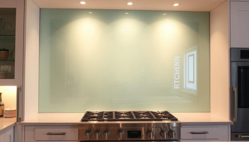 A large, custom-made glass panel with a sleek, minimalist design stands prominently in a modern kitchen. The panel has a smooth, slightly reflective surface that gleams under the warm, indirect lighting. The glass seamlessly blends with the surrounding stainless steel appliances and crisp, white cabinetry, creating a cohesive, high-end aesthetic. The panel is positioned above the stove, providing an effective splash guard to protect the walls from cooking splatters. The entire scene exudes a sense of sophisticated functionality, where form and function come together in perfect harmony.