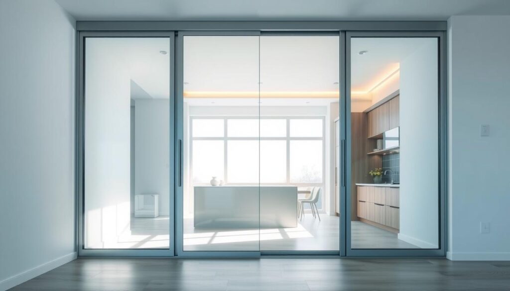 A large, elegant glass sliding door with a sleek metal frame, framed by a modern, minimalist kitchen interior. The door floods the room with natural light, creating a bright, airy atmosphere. Soft, diffused lighting from recessed ceiling fixtures adds depth and ambiance. The door's reflective surface creates a sense of spaciousness, blending the kitchen seamlessly with an adjacent living area. Subtle wood accents and neutral tones in the cabinetry and furnishings complement the glass panel, resulting in a harmonious, contemporary design. The composition emphasizes the versatility of the sliding door as a stylish, functional element that seamlessly integrates with various living spaces.
