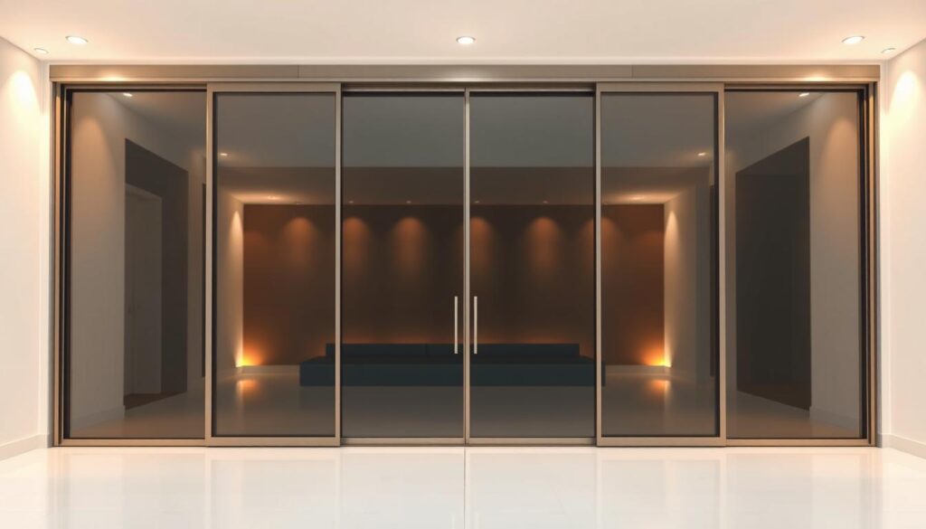 A large, expansive glass sliding door set against a modern, minimalist interior. The door's smooth, gleaming surface spans the width of the room, allowing for an unobstructed view and seamless flow between indoor and outdoor spaces. Warm, diffused lighting from hidden sources casts a soft, ambient glow, highlighting the door's clean lines and sleek design. The door's frame is a sturdy, powder-coated metal in a neutral tone, complementing the overall aesthetic. The door glides effortlessly along its track, creating a sense of elegant functionality. The surrounding walls are a crisp, white backdrop, allowing the glass door to take center stage as the focal point of the room's design.
