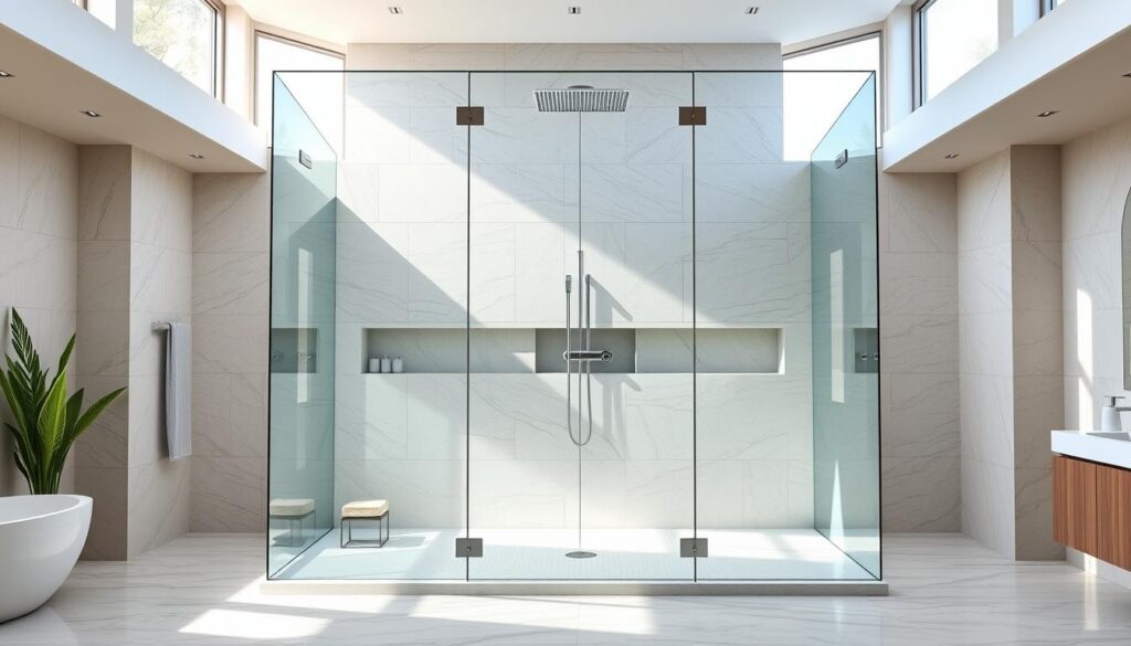 A large, modern shower enclosure made of gleaming glass panels, standing in a spacious, well-lit bathroom. The enclosure has a sleek, minimalist design, allowing an unobstructed view of the high-end fixtures and tiles. Natural light streams in through large windows, creating a bright, airy atmosphere. The glass panels are seamlessly integrated, with clean lines and a polished finish. The overall scene conveys a sense of luxury, comfort, and attention to detail, perfectly capturing the essence of a premium shower experience.
