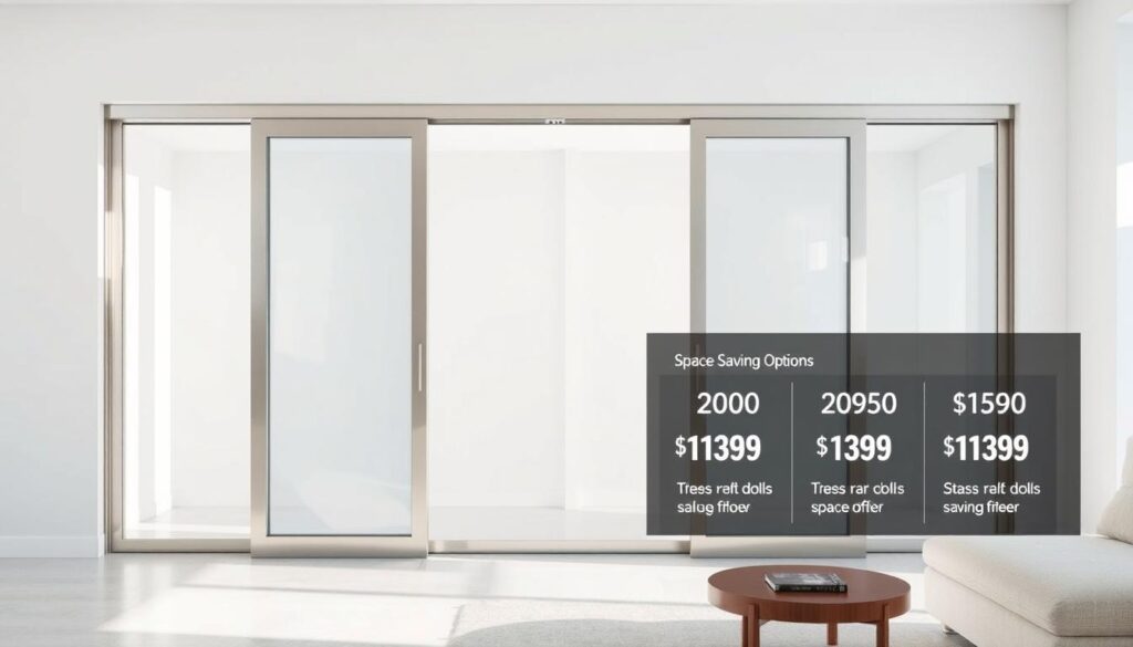 A large, modern sliding glass door system in a minimalist, contemporary living room setting. The sliding panels are made of sleek, tempered glass with brushed metal frames, seamlessly integrated into a pristine white wall. Soft, diffused natural light streams in, creating a bright, airy atmosphere. The door mechanism is smooth and effortless, allowing for easy, space-saving access. Detailed product information is displayed discreetly, showcasing the various price points and customization options available. The overall scene conveys a sense of sophistication, functionality, and transparent, consumer-friendly pricing.