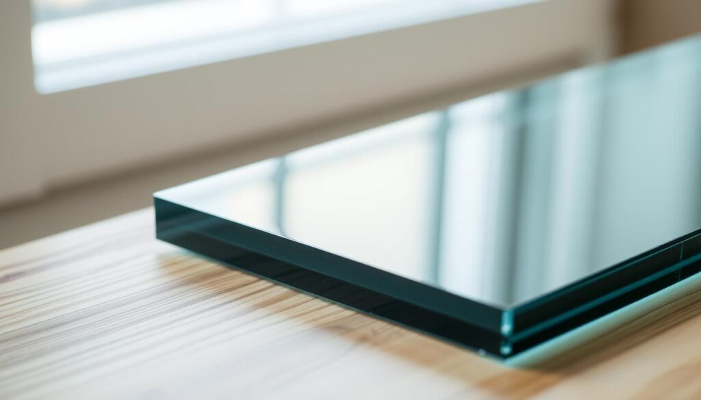 A large, rectangular pane of sicherheitsglas, or tempered safety glass, rests on a wooden surface. The glass appears pristine and flawless, its surface smooth and reflective. Soft, diffused lighting illuminates the scene, creating subtle highlights and shadows that accentuate the materiality of the glass. The background is blurred, creating a sense of depth and focus on the primary subject. The overall composition is clean, minimalist, and showcases the high-quality, durable nature of the sicherheitsglas, highlighting its suitability for use in high-traffic areas like wooden doors.