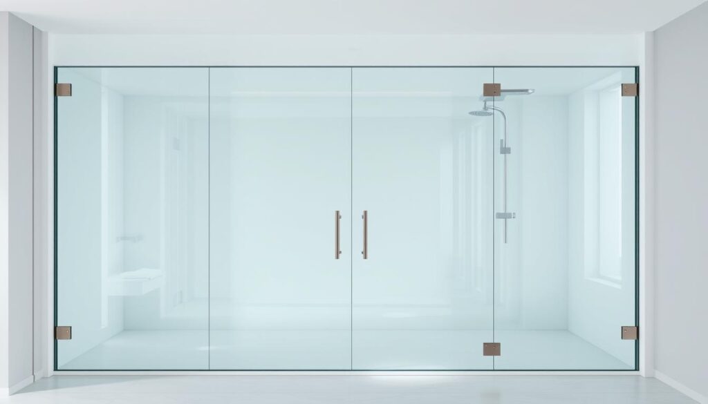 A large, sleek glass shower enclosure stands in a modern bathroom. The wall-to-wall glass panels stretch from floor to ceiling, creating a seamless, uninterrupted view. The glass has a crystal-clear, transparent finish, allowing natural light to flood the space. Subtle metal hardware in a brushed nickel or chrome finish complements the minimalist aesthetic. The glass panels are precisely measured and carefully installed, with perfect alignment and tight seals, exuding a sense of high-quality craftsmanship. The overall impression is one of elegance, spaciousness, and attention to detail, perfectly suited for the "Individuelle Duschwand" section of the article.