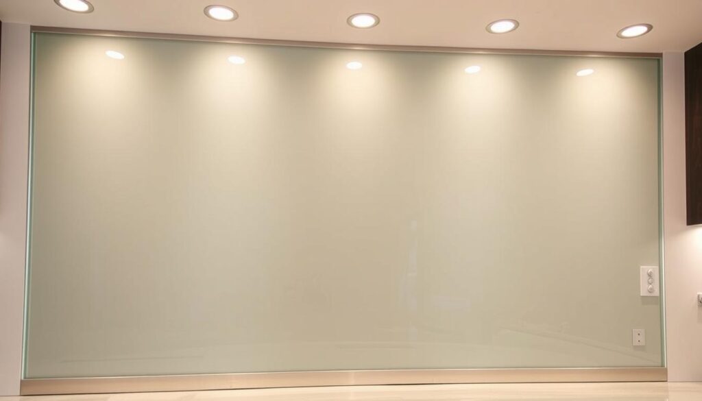 A large, sleek panel of tempered safety glass, its surface reflecting the warm glow of recessed lighting above. The glass shimmers with a crystal-clear, flawless finish, seamlessly integrated into a modern kitchen design. Subtle brushed metal trim accentuates the clean, minimalist aesthetic. The glass acts as a durable, easy-to-clean backsplash, offering a high-end, customizable solution for the discerning homeowner. Viewed from a slightly elevated angle, the image conveys a sense of quality craftsmanship and premium materials, perfectly suited for the "Beratung, Montage und Service - Ihr Weg zur perfekten Glasrückwand" section.