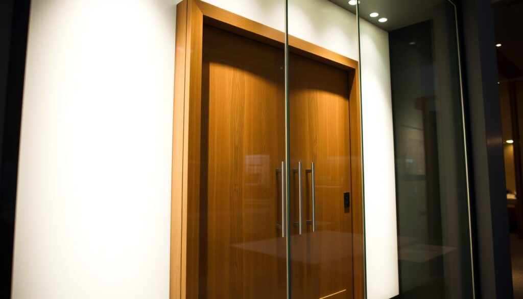 A large, well-lit glass display window showcases an elegant wooden door with a modern, minimalist design. The door's sleek, clean lines are accentuated by the warm, natural wood grain, creating a striking contrast with the cool, transparent glass. The lighting inside the display illuminates the door, casting a soft, inviting glow that draws the viewer's attention. The scene is captured from a slightly elevated angle, emphasizing the display's prominence and the door's appealing presence. The background is blurred, allowing the viewer to focus solely on the craftsmanship and quality of the featured product. The overall atmosphere is one of sophistication, attention to detail, and a commitment to providing high-end, tailored solutions for the discerning customer.