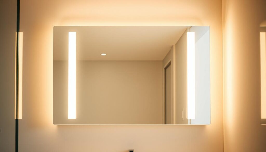 A luxurious bathroom mirror with a minimalist, yet elegant design. The mirror is mounted on a sleek, frameless glass panel, reflecting the warm, ambient lighting that illuminates the space. The smooth, polished surface of the mirror creates a seamless, high-quality appearance, perfectly complementing the overall modern and sophisticated aesthetic of the bathroom. The mirror is positioned at an optimal height, allowing for easy use and providing a clear, distortion-free reflection. The surrounding glass panel adds a touch of refinement, creating a focal point that enhances the overall visual appeal of the bathroom's interior design.