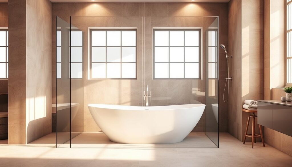 A luxurious glass shower enclosure showcased against the backdrop of a freestanding bathtub, bathed in warm, natural lighting. The sleek, frameless glass panel seamlessly integrates with the tub, creating a harmonious and spacious wet room aesthetic. Exquisite attention to detail, with the glass subtly reflecting the tiled surfaces and complementing the modern bathroom fixtures. The overall composition evokes a sense of sophistication, elegance, and tranquility, perfectly suited for the "Welche Duschwand für die Badewanne passt zu Ihrem Bad? Typen, Größen und Glas im Überblick" section of the article.