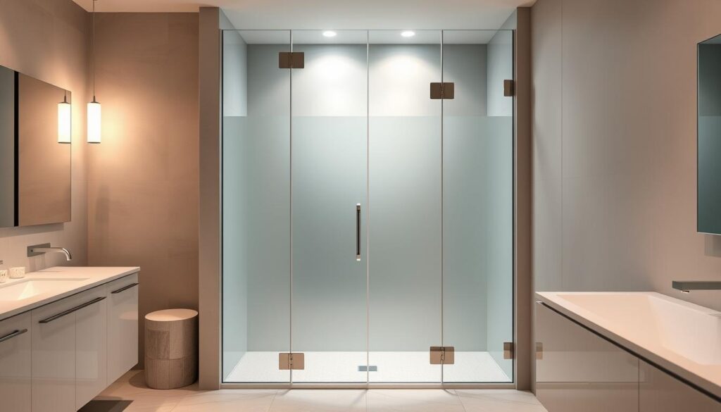 A luxurious, walk-in glass shower enclosure set against a modern, minimalist bathroom backdrop. The frameless glass panels create a seamless, expansive feel, enhancing the sense of space and light. Gently frosted glass provides privacy while still allowing natural illumination to flood the room. The sleek, chrome fixtures complement the clean, contemporary design, inviting users to step into a spa-like oasis. Soft, indirect lighting casts a warm, soothing glow, setting the stage for a relaxing, spa-like experience. The open, accessible entry allows for effortless, comfortable access, elevating the overall bathroom experience.
