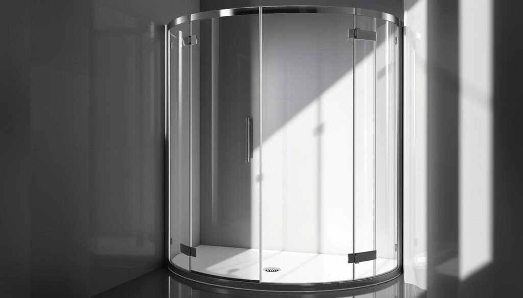 A meticulously crafted shower enclosure, its elegant, minimalist design set against a softly diffused backdrop. Precise dimensions of 500mm radius and towering height, capturing the essence of the "Duschkabine90x90" section. Shadowplay casts a pensive mood, highlighting the seamless glass panels and polished chrome fittings. A clean, airy ambiance invites the viewer to envision the perfect fit for their bathroom sanctuary. Subtle reflections on the glossy surfaces create a sense of depth, while carefully positioned lighting accentuates the sleek, contemporary aesthetic. An image that embodies the measured precision and tailored solutions at the heart of this featured article.