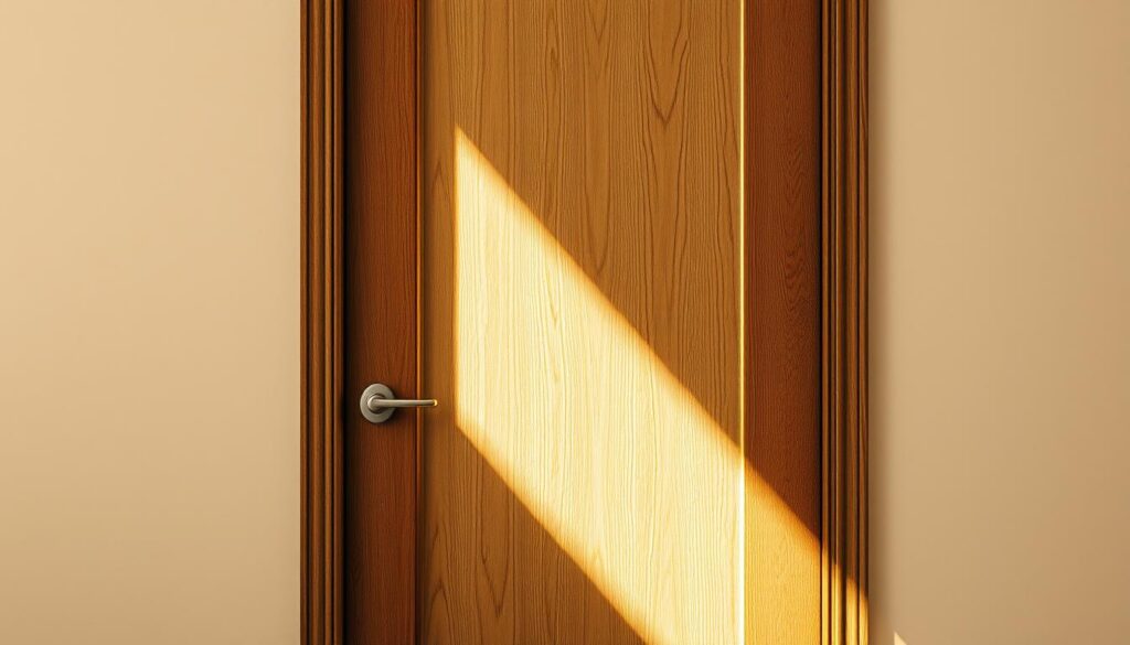 A meticulously crafted wooden door with a large glass panel, bathed in warm, natural light streaming through a window. The wood grain textures are rich and tactile, complemented by the translucent glass that casts a soft, ethereal glow. The door is set against a minimalist, monochromatic backdrop, allowing the craftsmanship and material interplay to take center stage. The composition emphasizes the harmonious juxtaposition of the solid, earthly wood and the airy, reflective glass, creating a sense of balance and visual interest. The lighting is carefully controlled, casting subtle shadows and highlights that accentuate the door's three-dimensional form and materiality. This image captures the essence of a high-quality, customizable wooden door with glass, inviting the viewer to imagine the various configurations and design possibilities.