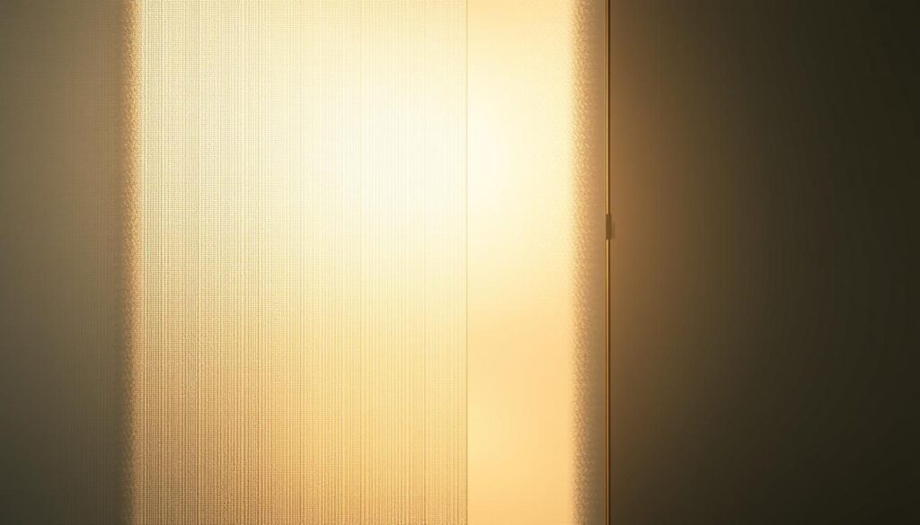 A minimalist glass panel illuminated by soft, diffused light, casting a warm, muted glow throughout the space. The glass surface features a subtle, linear pattern that filters the light, creating a sense of depth and tranquility. The panel is positioned to allow natural sunlight to pass through, gently diffusing and scattering the rays, resulting in a serene, calming atmosphere. The overall composition highlights the interplay of light, glass, and the filtering effect, embodying the essence of "Licht, Sichtschutz und Filter: die richtige Glasart für Ihre Räume".