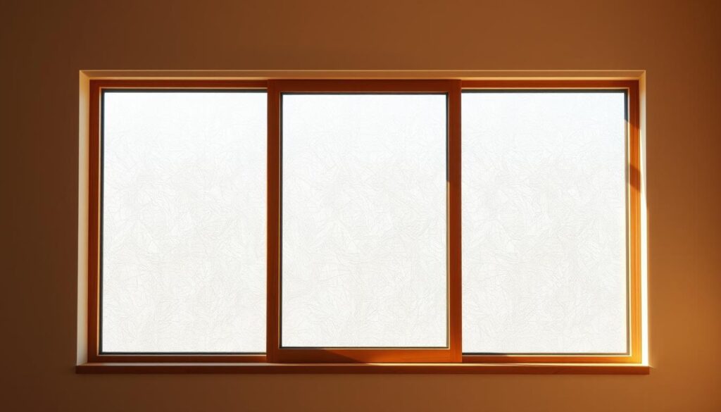 A minimalist, high-quality glass window panel in a warm, well-lit room. The glass is clear with a subtle, textured pattern that casts intricate shadows, creating a play of light and shadow. The frame is made of sleek, polished wood that complements the glass. The window is positioned to allow the maximum amount of natural light to flood the space, creating a bright, airy atmosphere. The scene conveys a sense of simplicity, elegance, and functionality, seamlessly blending form and function.