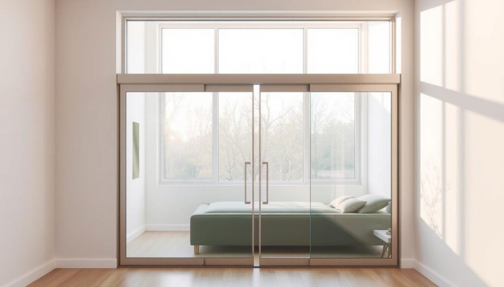 A minimalist modern glass sliding door in a bright, airy room. The door frame is a sleek, brushed aluminum, seamlessly integrated into the wall. The door panels are made of high-quality tempered glass, creating a sense of openness and transparency. Soft, diffused natural light filters in through large windows, casting a warm glow on the glass surface. The installation is carefully considered, with precise measurements and expert craftsmanship ensuring a smooth, effortless sliding motion. The overall aesthetic is one of simplicity, functionality, and timeless elegance, perfectly suited for the "Montagevarianten für Ihre schiebetür glas: Wandmontage oder Deckenmontage" section.