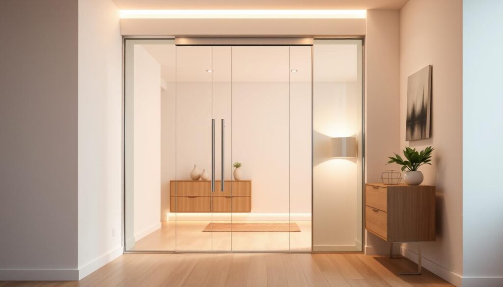 A modern and elegant glass pendulum door with a sleek, frameless design. The door is made of high-quality, transparent glass panels that seamlessly blend into the surrounding architecture. Warm, soft lighting illuminates the scene, creating a cozy and inviting atmosphere. The door is positioned in a bright, airy space, with a neutral color palette and minimalist decor that allows the glass feature to take center stage. The camera angle captures the door from an eye-level perspective, highlighting its clean lines and the interplay of light and shadow. The overall impression is one of sophistication, functionality, and a touch of contemporary flair, perfectly suited for the "Design- und Materialvielfalt: Pendeltüren aus Glas und mehr" section of the article.