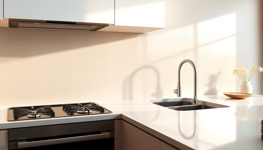 A modern and minimalist kitchen backsplash made of sleek, tempered glass panels. The glass reflects the warm, soft lighting, creating a luminous and airy ambiance. The surface is smooth and seamless, with a slightly textured finish that adds visual interest. The glass panels span the entire width of the kitchen counter, creating a cohesive and polished look. The backsplash is strategically positioned to highlight the kitchen's functional elements, such as the stove and sink, while also serving as a focal point that elevates the overall design. The kitchen is bathed in natural light, casting gentle shadows and highlights onto the glass, accentuating its depth and transparency.
