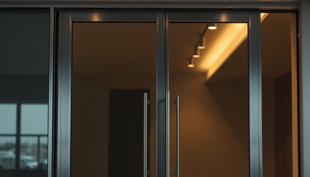 A modern and sleek glass sliding door with a clean, minimalist design. The glass panel is tinted with a subtle, smoky gray hue, creating a sophisticated and elegant aesthetic. The frame is crafted from high-quality aluminum, with a brushed silver finish that complements the glass seamlessly. The door is illuminated by soft, indirect lighting, casting a warm glow and accentuating the material's natural beauty. The scene is captured from a slightly elevated angle, highlighting the door's seamless integration into the surrounding architectural space. The overall mood is one of understated luxury and refined, contemporary style.