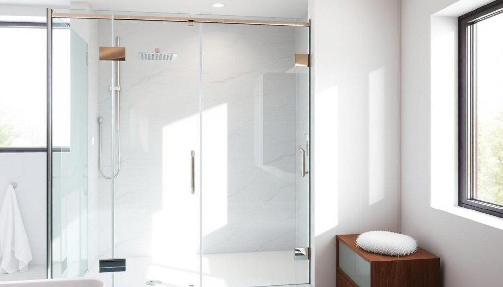 A modern, custom-built glass shower enclosure with a sleek, frameless design. The duschwand features high-quality tempered glass panels, expertly crafted to precise measurements. Bright natural light cascades through the transparent walls, creating an airy, spa-like atmosphere. Polished chrome fittings and hardware complement the minimalist aesthetic, adding a touch of sophistication. The duschwand is seamlessly integrated into the bathroom's interior, becoming a focal point that showcases exceptional craftsmanship and attention to detail. Soft, diffused lighting illuminates the space, lending a warm, inviting ambiance. The overall scene conveys a sense of luxury, comfort, and the personalized touch of a custom-tailored duschwand solution.