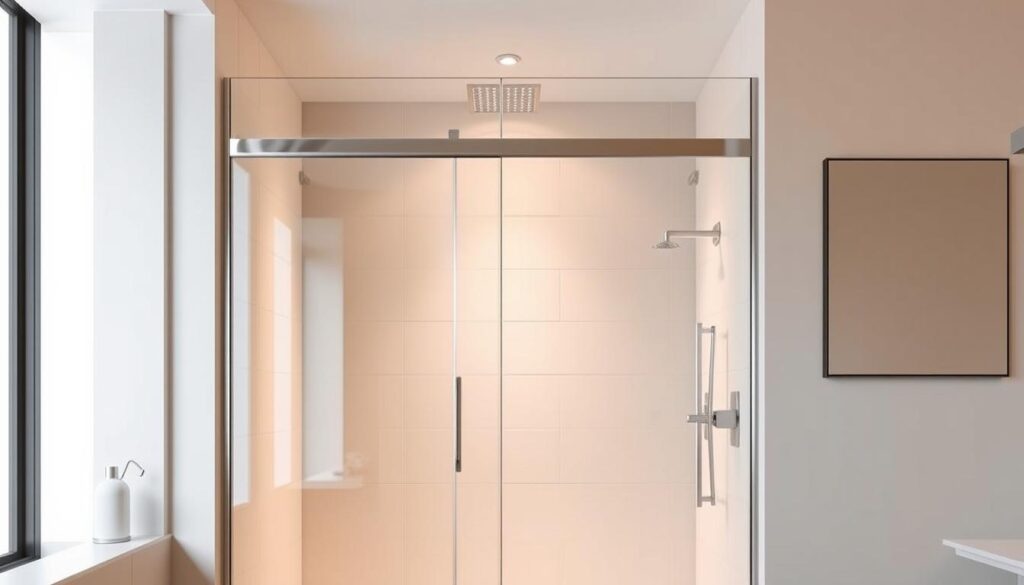 A modern, custom-fitted glass shower enclosure stands in a sleek, minimalist bathroom. Precise, seamless panels of tempered glass reflect the warm overhead lighting, creating a sense of spaciousness and elegance. The frameless design blends effortlessly with the clean, tiled walls, allowing the shower to appear to float within the room. Meticulously engineered fittings and hinges ensure a smooth, silent operation as the door glides open, inviting the user into a spa-like oasis of comfort and relaxation. The overall effect is one of understated sophistication, where form and function harmonize to create a truly exceptional shower experience.