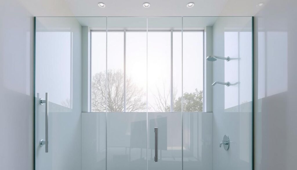 A modern, custom-made glass wall stands tall, its sleek and seamless panels reflecting the sunlight streaming through large windows. The glass is meticulously measured and expertly cut to fit the precise dimensions of the space, creating a high-quality, bespoke solution. The frameless design gives the illusion of weightlessness, while the smooth, glossy surface lends an air of sophistication. Carefully positioned lighting accentuates the glass's transparency, casting soft shadows and highlighting its clean lines. The overall scene conveys a sense of functionality and elegance, perfectly suited for a luxurious bathroom or shower enclosure.