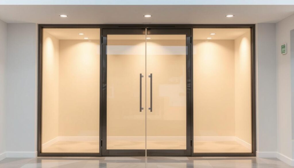 A modern, elegant glass door with a sleek frame stands in a well-lit, minimalist interior. The door's precise dimensions are tailored to the space, creating a seamless, custom fit. Soft, diffused lighting from overhead fixtures casts a warm, inviting glow, accentuating the door's transparency and the surrounding decor. The door's hinges are expertly integrated, allowing for smooth, effortless operation. The entire scene conveys a sense of high-quality craftsmanship and attention to detail, perfectly capturing the essence of a bespoke, made-to-measure glass partition.