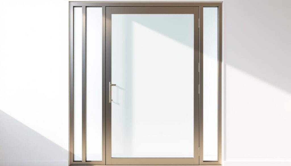 A modern, elegant glass door with a sleek, minimalist design. The door is made of tempered glass, with a subtle frosted pattern that allows for privacy while still letting in natural light. The frame is crafted from high-quality aluminum, with a brushed metal finish that complements the glass seamlessly. The door is set against a bright, airy background, with a clean, minimalist aesthetic that showcases the door's sophisticated appeal. The lighting is soft and diffused, casting a warm glow on the glass surface and highlighting its transparency. The camera angle is slightly elevated, capturing the door's impressive height and emphasizing its striking visual presence.