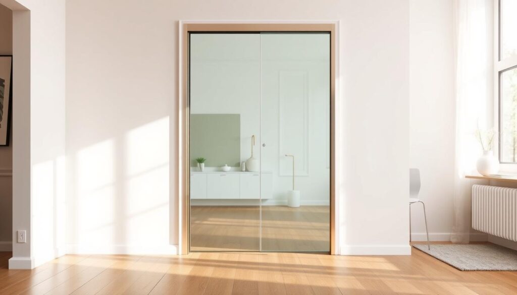 A modern, elegant glass interior door standing in a bright, airy room. The door is made of tempered glass panels framed in sleek, brushed metal. Soft, diffused natural light filters through the glass, creating a warm, inviting atmosphere. The door is positioned to draw the eye, showcasing its minimalist design and ability to open up the space. The background features minimalist decor, neutral tones, and wooden flooring that complement the glass door's modern aesthetic. The image captures the door's ability to enhance the sense of openness and illuminate the room, reflecting the section title "Mehr Licht, mehr Stil: Zimmertüren aus Glas für moderne Räume".