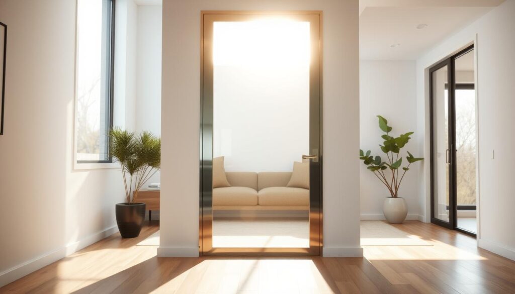 A modern, elegant glass interior door standing prominently in a well-lit, minimalist living space. The door's tempered glass panel is framed by sleek, polished metal, casting a soft, warm glow throughout the room. Subtle shadows and highlights accentuate the door's clean lines and the high-quality craftsmanship. The space is bathed in natural light from large windows, creating a bright, airy atmosphere. The glass door seamlessly blends form and function, inviting the viewer to appreciate its beauty and practicality as a customizable, versatile home solution.